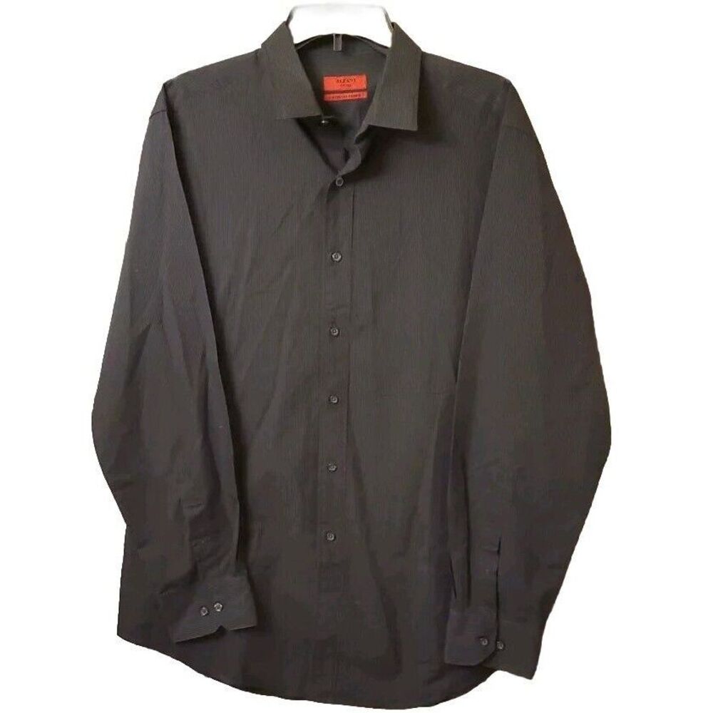 Alfani Men's Fitted Long-Sleeve Dress Shirt Stretch 16 34-35 Black Pin Striped